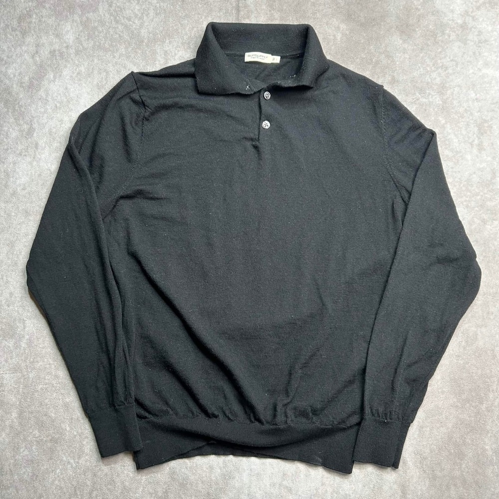 Suitsupply Men's Large Black 3-Button Placket Long Sleeve Merino Polo Sweater